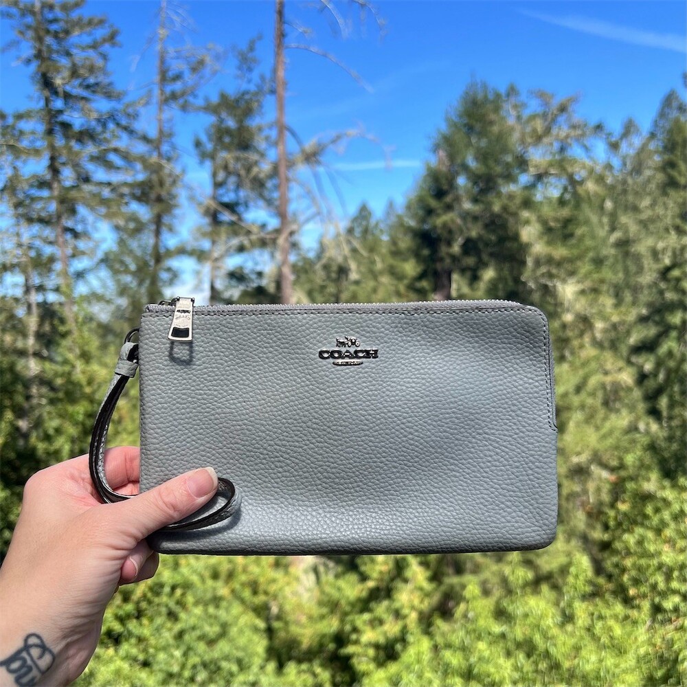 COACH Gray Pebbled Leather Large Double Zip Wristlet Wallet Silver Hardware